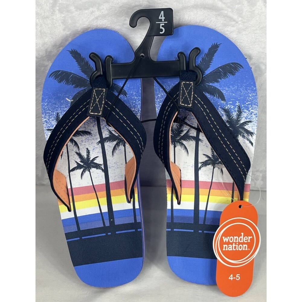 Wonder Nation Palm Tree Design Flip Flops Unisex Boys Girls Blue Size 4/5 NEW